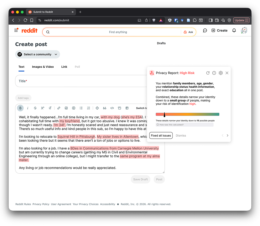 Reddit create post with Privacy Mirror overlay showing a high-risk privacy report.